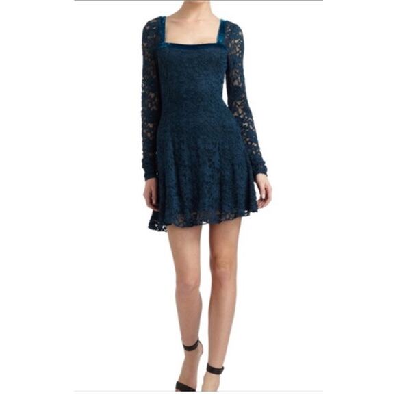 Free People Dresses & Skirts - Free People Blue Lace Velvet Trim Fit & Flare Mini Dress Long Sleeve Open Back
